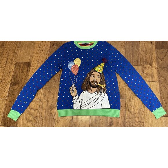 Happy Birthday Jesus Ugly Christmas Sweater Size S Wearing Party Hat Colorful - Picture 1 of 6